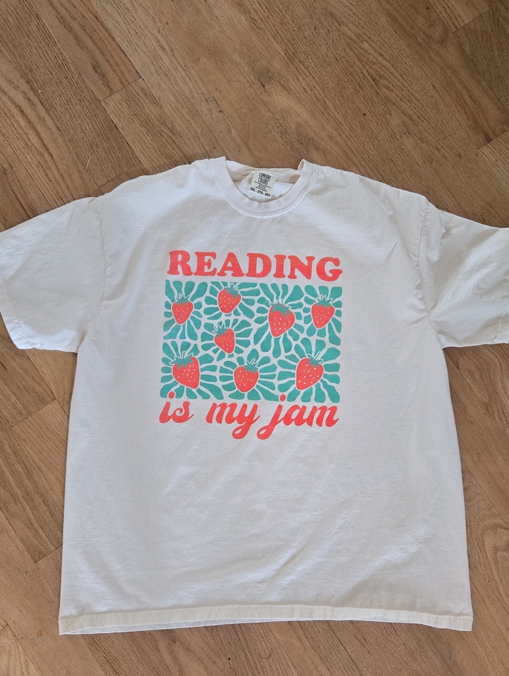 Comfort Colors Cream Tee with Coral Pink & Teal Strawberry Graphic